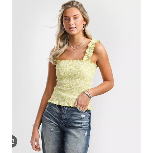 Billabong Tank Top Size S Green White Crop Tank Ruffles Elastic Sun Dreamer - Picture 1 of 6